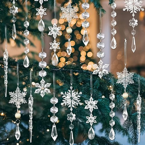 22 Piezas Adornos Navideños De Acrílico, Adornos De Copos De Nieve Transparentes, Colgantes De Carámbanos Y Nieve para Decoración De Árbol De Navidad Y Fiestas