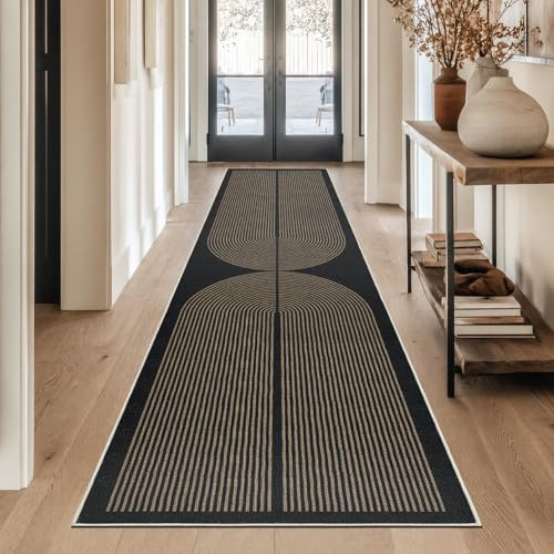 Capslpad Alfombra de pasillo 80 x 300 cm con aspecto de yute, alfombra de cocina, lavable natural, alfombra negra y marrón, antideslizante, pasillo, cocina, dormitorio, balcón