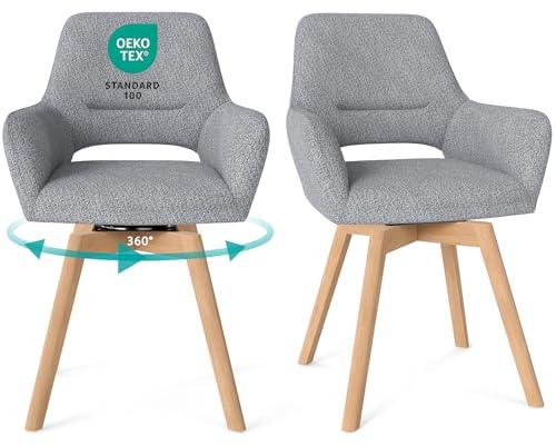 WAFTING 360° Esszimmerstühle Drehbar 2er Set mit Armlehnen, Buchenbeinen | Polsterstühle, Drehstuhl Esszimmer, Küchenstuhl Drehbar, für Wohnzimmer, Schlafzimmer, Arbeitszimmer, Hellgrau