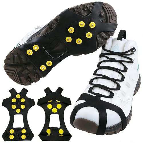 Spikes für Schuhe Winter,10 Stahlzähnen Schuhspikes zum Überziehen Antirutsch Schneeketten für Schuhe, Spikes Schuhe gegen Glatteis Steigeisen für Wanderschuhe Outdoor Laufen Wandern. (Gelb, XL)