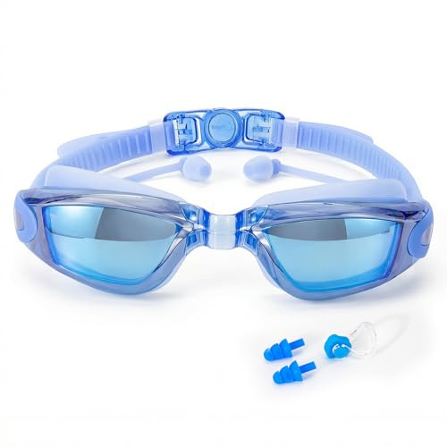 Beeway Schwimmbrille bequem mit Ohrstöpseln Antifog UV-Schutz verstellbar für Erwachsene Herren Damen und Kinder ab 8 Jahren, blau