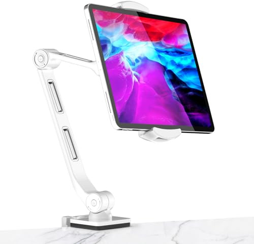 suptek Tablet Stand Long Arm - Adjustable Tablet Holder for Desk Bed Kitchen, Upgraded Aluminum Phone Stands and Holders for iPad Pro Air/Mini, Samsung Tabs, Surface, Kindle, 360° Swivel White
