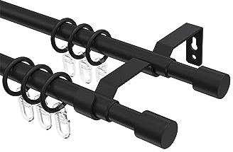 INTERDECO Gardinenstange ausziehbar 16/13 mm 2-läufig, moderne Teleskop-Vorhangstange aus Metall und Kunststoff, Schwarz, zur Wandmontage, Typ 12162221, 130-240 cm