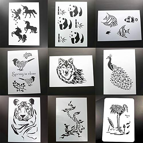 Blugul 9 st A4 målarschabloner, mall för målning med schabloner, för vägg, möbler, fönster, gör-det-själv hantverk, ritande, enhörning, fenix, tiger, påfågel, varg, fågel, tropisk, fisk, panda