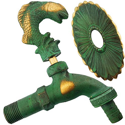MegaHaustechnik Auslaufhahn Nostalgie, aus Messing, Tiermotiv Fisch Drehgriff, Wandanschluß mit Rosette: AG 1/2 Zoll Außengewinde, Auslauf: Schlauchtülle AußenØ 13mm für 1/2“ Schlauch, Kugelhahn