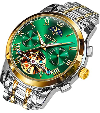 OLEVS Men Watch Automatic Mechanical Skeleton Moon Phase Dress Business Stainless Steel 3AT Waterproof Luminous Men Wrist Watch