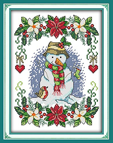 WOWDECOR Cross Stitch Embroidery Starter Kit, Christmas Snowman Flowers 11CT Stamped DIY DMC Needlework Easy Beginners