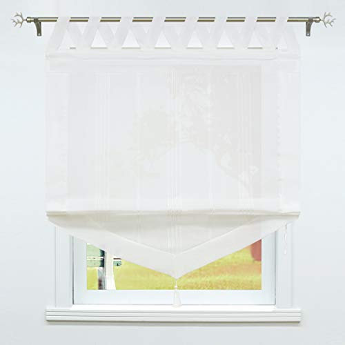 SCHOAL Raffrollo mit Schlaufen Gardinen Küche Landhaus Raffgardinen Leinen Schlaufenrollo Halbtransparent Vorhang 1 Stück BxH 100x140cm Weiß
