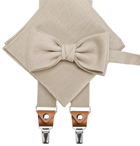 LINILI Leinen Fliege, Hosenträger und Einstecktuch SET, Fliege gebunden und verstellbar, Hosenträger einstellbar- Handgefertigt in EU- Farbe: Beige