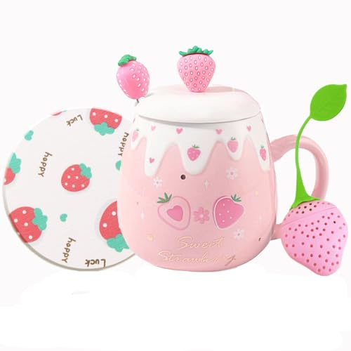 Süße Erdbeerbecher Rosa Kaffeetasse Keramik Kawaii Tasse für Morgentee Milch Obstbecher mit schönem Deckel und Löffel Kreative Neuheit Geburtstag Weihnachten für Liebhaber Mädchen