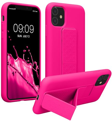kwmobile Case for Apple iPhone 11 Case - Soft TPU Cover with Silicone Coating - With Hand Strap and Stand Function - Shockproof - Neon Pink