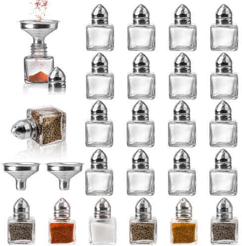 ZEAYEA Set of 24 Small Salt and Pepper Shakers, 0.5 oz Mini Glass Seasoning Jars with Funnel, Glass Cube Body Spice Pepper Pots for Wedding, Party, Restaurant, Home Kitchen Supplies