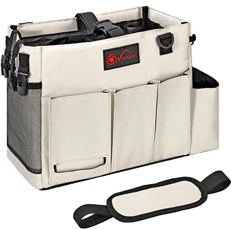 Vinsani Cleaning Caddy Multifunctional Storage Organiser Bag with Handle and Adjustable Waist and Shoulder Straps for Cleaning Supplies, Home, Craft, Car and Garden Tool Kit – Large Cream White