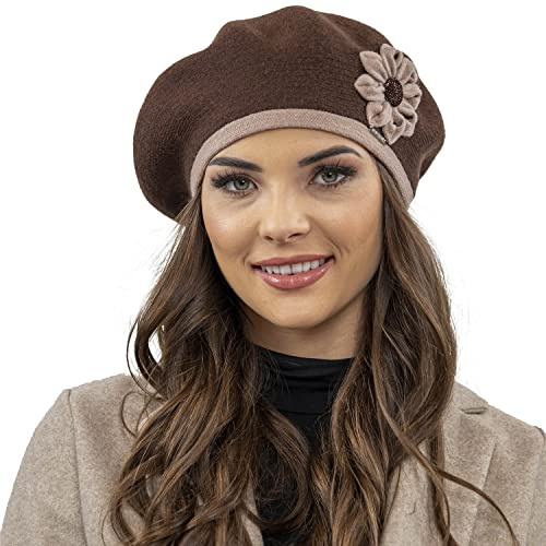 VIVISENCE Winter Baskenmütze Für Damen Herbst Warme Barette Mit Blumenapplikation Frauen Elegante Klassischem Stil Perfekte Für Herbst Und Wintertage Modell 7046, Braun,Einheitsgröße