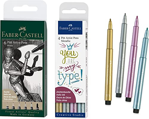 Faber-Castell 167154 - Tuschestift Pitt Artist Pen, Farbe 199, schwarz, XXS, XS, S, F, M, 1.5, 6er Etui + Tuschestift Pitt Artist Pen Metallic, 4er Etui