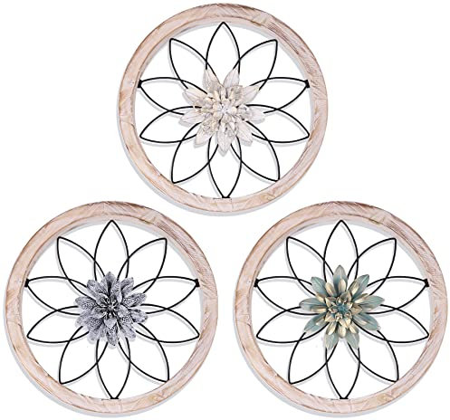 DMYBC 3 Stück Rustikale Wanddeko Runde Bauernhof, Wanddekoration Metall mit Holzrahmen, Wandschmuck Dekorationen für Haus Wohnzimmer Esszimmer Schlafzimmer Küche