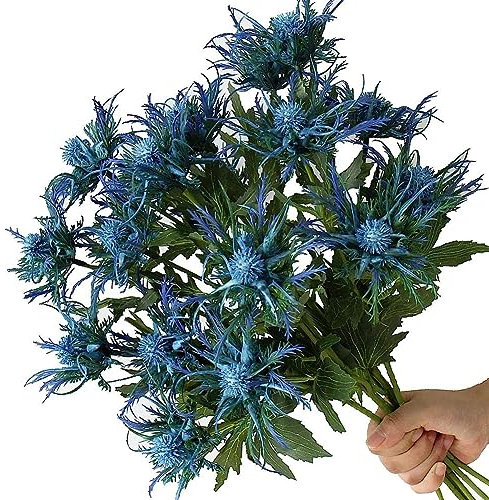 Fermus 8 Stems Artificial Thistle Flowers 8 Branch Real Touch Blue Thistle Decor 26 Inch Real Size Rustic Spray Eryngium Sea Holly for Wedding Bouquet Centerpiece