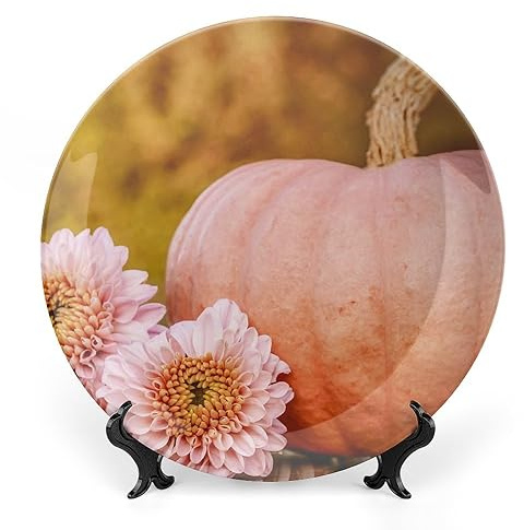 8 Ceramic Decorative Plate with Stand Pumpkin with Flower Round Home Wobble-Plate Dinner Plates Home Wall Decoration Office Table Decor Kitchen Wall Art Ornament