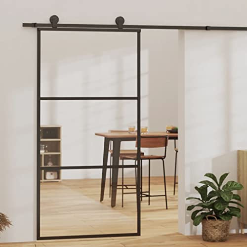 Hommdiy Schiebetür mit Beschlag Glasschiebetür Glastür Glas Schiebe Tür Schiebetürsystem Laufschiene Schiebetürbeschlag ESG-Glas Aluminium 102x205 cm(200 cm Gleitschiene) 2 Horizontale Stäbe