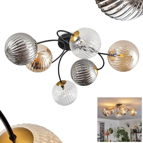 HOFSTEIN Deckenleuchte Chehalis, Deckenlampe aus Metall/Riffelglas in Schwarz/Gold/Bernstein/Rauch/Klar, Leuchte im Vintage-Design, Ø Schirme 15 cm, 6 x G9, Esszimmer, Schlafzimmer, Wohnzimmer, Küche