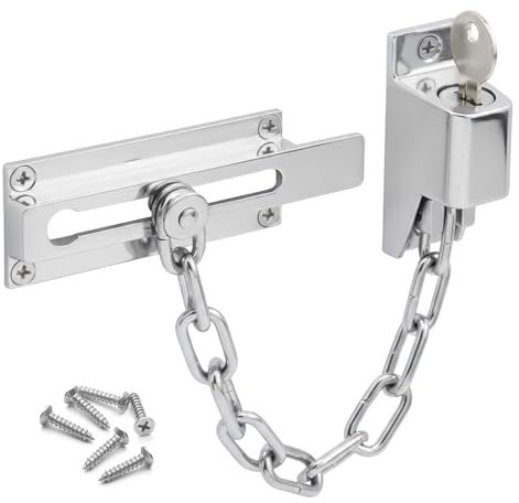 Door Chain Locking Door Chain Polished Chrome | Chain for Front Door | 8.3 X 0.7 X 3.5 Cm Surface Mounted Lockable Door Security Chain | Security Chain Door with Key for Wooden, and UPVC Front Doors