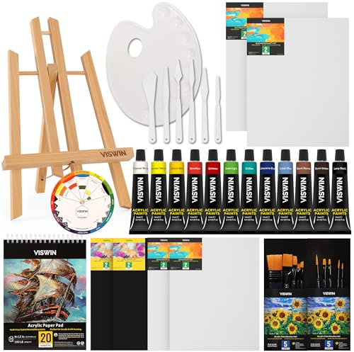 VISWIN 51 Pcs Acrylic Paint Set with Tabletop Easel, Painting Kit with 12 Acrylic Paints, Canvases, Brushes, Palette, Paper Pad, Art Supplies, Ideal Gift for Adults, Kids, Artists, Students
