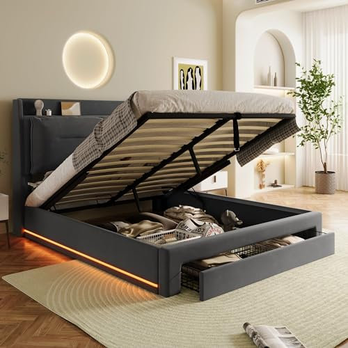 Rtopsu Polsterbett Doppelbett 140x200 cm mit LED-Licht und Bettende Stauraum Schublade, Bett mit Stauraum und Kopfteil, Hydraulisches Bett mit Lattenrost aus Holz, DunkelGrau, Samt, Ohne Matratze