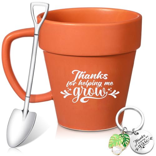 FoldTier 3 Pcs Thank You Gifts for Teacher Coffee Mug with Shovel Spoon and Keychain Funny Plant Pot Mug Cup, Teacher Appreciation Gifts for Graduation Teachers Day, Thank You for Helping Me Grow