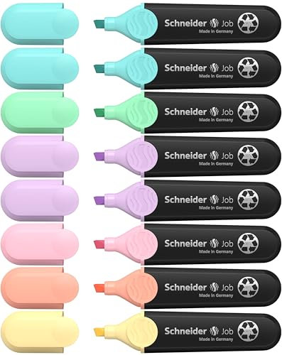 Schneider Job 150 Pastell Textmarker (aus recyceltem Kunststoff, ausgezeichnet mit Der blaue Engel) 8er Etui sortiert, türkis (2x), mint, flieder (2x), rosé, pfirsich, vanille