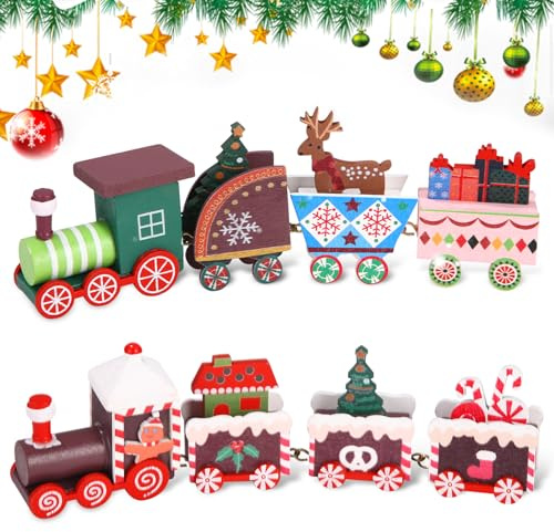 2pcs Train de Noël en Bois, Mini Train Décoration de Table, Jouet