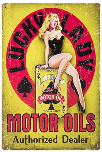 Targa decorativa in alluminio vintage con scritta Lucky Lady Motor Oil Gas Station Garage Dealer Pin up Girl, 20,3 x 30,5 cm