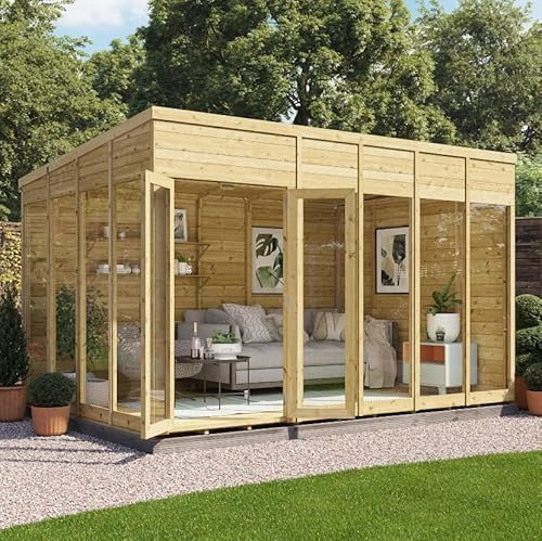 BillyOh Switch 12x8 Pent Log Cabin Summer House, Pressure-Treated Wooden Garden Shed with Floor-to-Ceiling Windows, Double Doors & Pent Roof, 11mm Tongue & Groove Garden Room, Outdoor Office & Studio