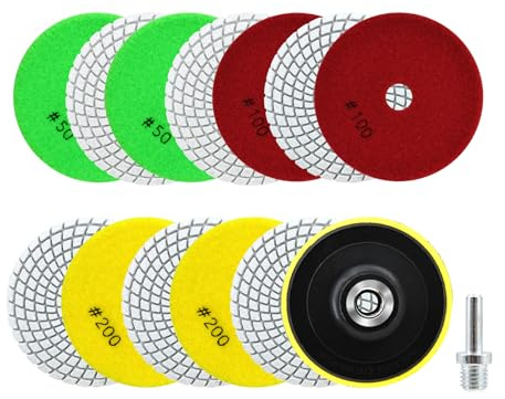 SANLEETEK Nass Diamant Polierscheiben - 12 Stücke 100mm Diamant Polierpad Körnung 50x4/100x4/200x4 mit M14 Stützteller+Adapter für Granit Marmor Kunststein Quarz für Winkelschleifer