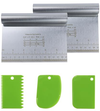 Grattoir à pâte 2 pièces en acier inoxydable avec échelle de mesure, grattoir à pâte avec petit grattoir à pâte vert 3 pièces, pelle à légumes pour légumes, pain, pizza, gâteau (argent)