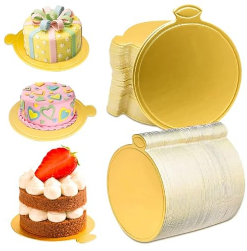 Lot de 100 mini plateaux à gâteau - 9 cm - Plaques à gâteau en mousse - Papier doré - Planche à gâteau ronde - Présentoir à dessert pour mariage, anniversaire, pâtisserie