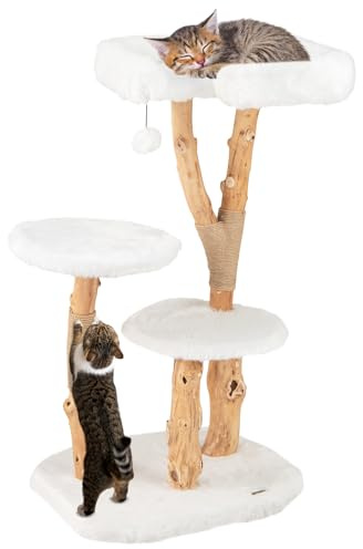 GYMAX Árbol para Gatos Moderno, Torre de 110 cm de Madera para Gatos con Ramas Reales y Postes Rascadores, Condominio Suave de Felpa Larga para Gatos con Bola Colgante para Uso Interior