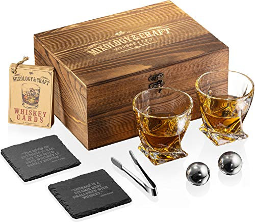 Whiskey Glas Set mit 2 Edelstahlkugeln & Holzkiste – 2X 300ml Whisky Gläser für Bourbon, Scotch, Rum | Elegantes Geschenk für Männer, Papa, Ehemann | Geburtstag, Vatertag, Hochzeit (Holz & Edelstahl)