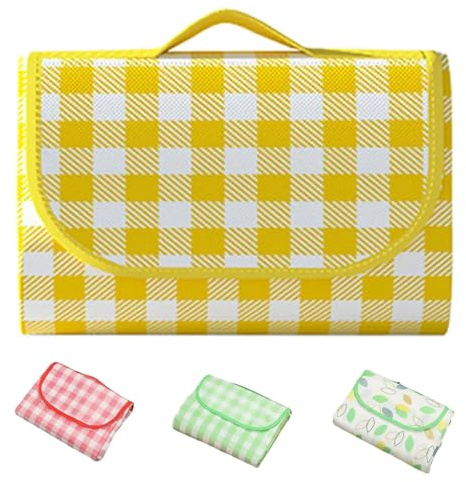 Eastrise 200x200cm Waterproof Picnic Blanket, Machine Washable, Foldable with Integrated Handle for Easy Storage and Portable Travel, Ideal for Camping and Family Outings(Yellow Check)
