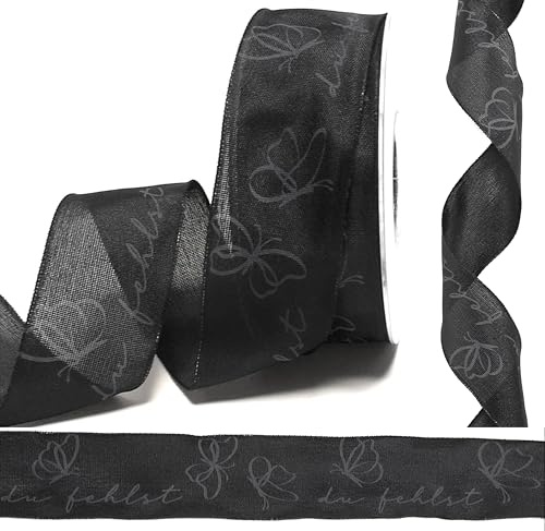 s.dekoda Schleifenband Trauer 20m x 40mm Schwarz - du fehlst - Schmetterling Dekoband Trauerband [D1493]