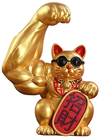 LeeQinersw Glückskatze Winkekatze Katzenfigur Statue Feng Shui Figur mit Großem Muskelarm Aus Kunstharz Als Symbol für Reichtum für Büro Schreibtisch Und