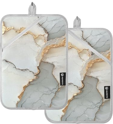 Presine da cucina resistenti al calore, effetto marmo bianco, per cucina, con tasca per forni, confezione da 2