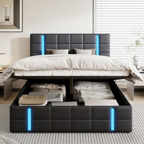 BRILVERDE Polsterbett 160x200 mit Stauraum, Doppelbett mit LED und USB, Jugendbett mit Kopfteil, Hydraulisch Stauraumbett, Bettgestell mit Lattenrost, Funktionsbett, PU (Schwarz, 160 x 200 cm)