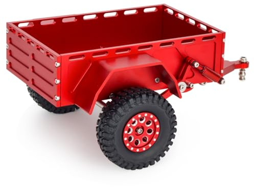 Aluminum TRX4M Utility Trailer with Hitch 1/18 1/24 RC Crawler Trailer for TRX4-M Defender Bronco K10 High Trail Axial SCX24 AX24 FCX24 Upgrade Accessories (Red)