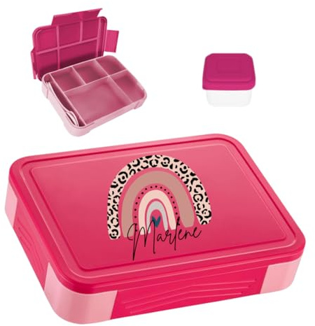 minimutz Fiambrera personalizada, fiambrera infantil con muchos compartimentos, fiambrera con nombre, sin BPA, a prueba de fugas, juego de caja de bento con estampado multicolor de arcoíris (rosa)
