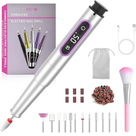 Nagelfräser für Gelnägel, Elektrische Nagelfeile Kabellos 13 in 1, Fräser Nägel 25000 U/min, Nail Drill 5 Geschwindigkeiten, Akku Professionell Maniküre Pediküre Fußpflege Set Elektrisch