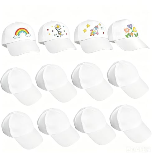 FOMIYES 10 Pcs Blank Kids Baseball Cap, White Plain Cotton Hats with Pen, DIY Football Fan Soccer Match Support, Art for Beach Party Travel 52-55 CM Depth 12 CM White