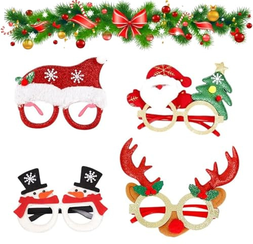 Weihnachtsbrillenrahmen, Glitzer, Party-Brille, Weihnachtsfeierbrille, Weihnachts-Kostüm-Dekoration, Weihnachtskostüm, kreative Brille für Weihnachtsfeier, 4 Stück