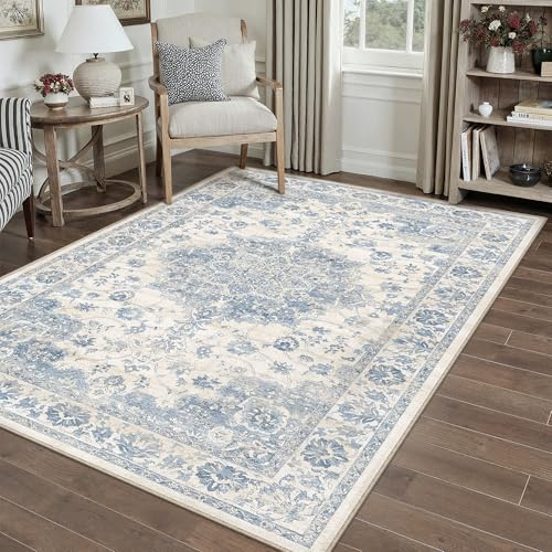 PureCozy Waschbarer Teppich Wohnzimmer 120x170cm Vintage Tepich for Living Room kurzflor rutschfest Weich Böhmischen Retro Blau Carpet für Küchen Schlafzimmer Esszimmer Bedroom