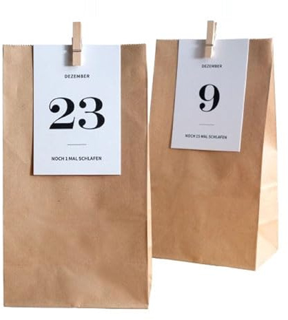 Adventskalender zum Befüllen – 24 Kraftpapiertüten mit Zahlenkarten & Holzklammern – DIY Weihnachtskalender zum Selbstbefüllen (Braun - Weiß)