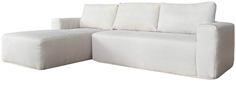 Oviala Ecksofa, 4-Sitzer, gerippter Stoff, mit Ottomane, links, naturfarben